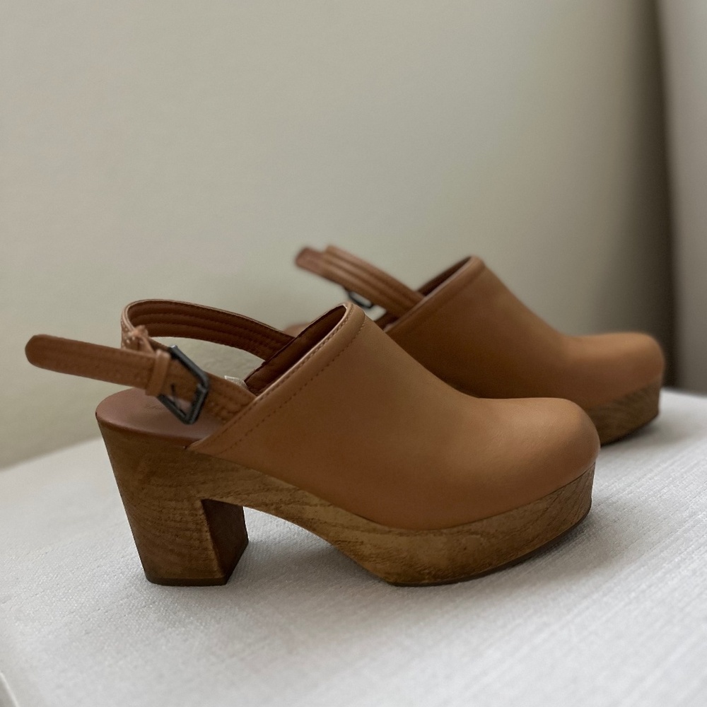 Tan Leather Mules with Wooden Heel